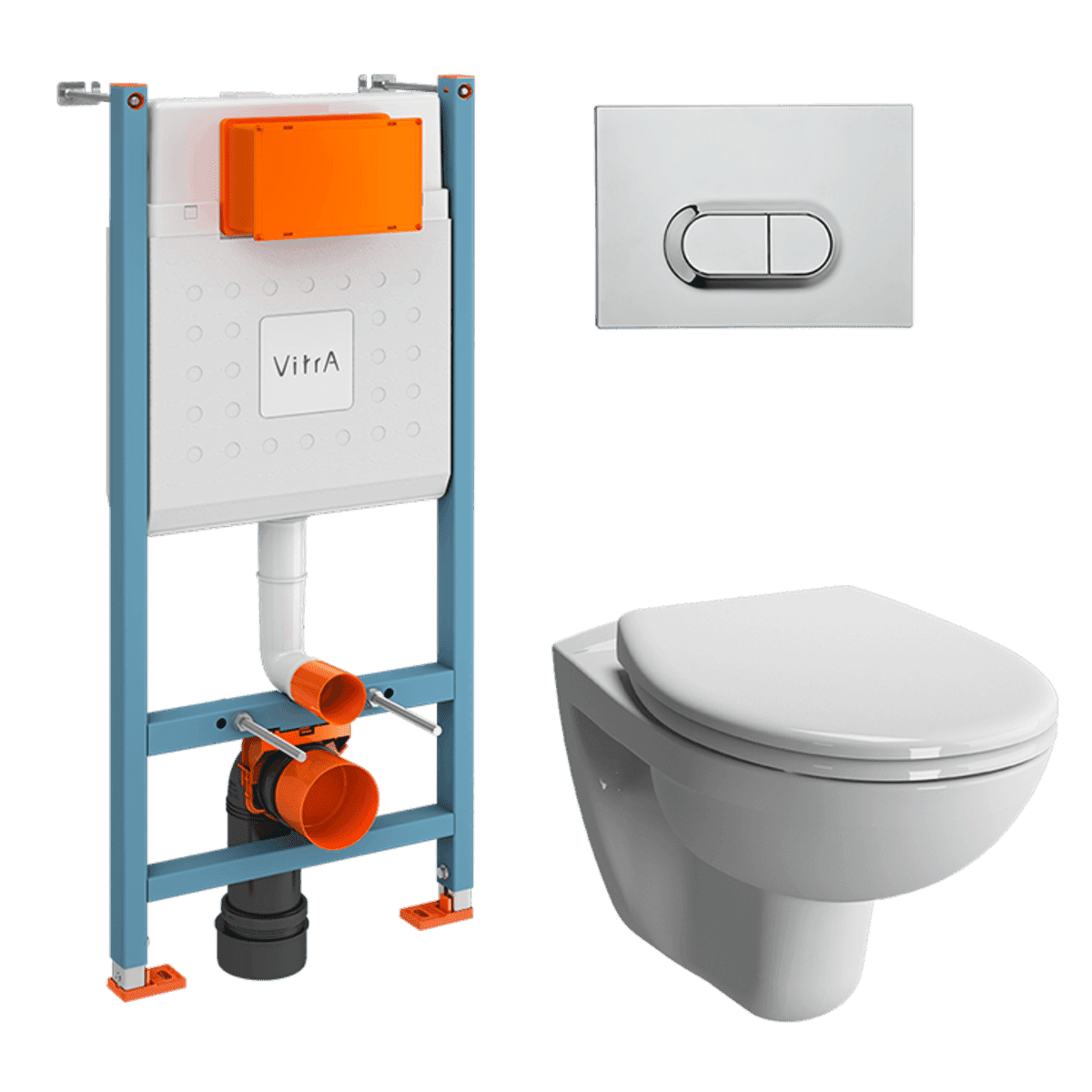 Инсталляция с унитазом VitrA S10 9842B003-7206 комплект 4 в 1 с сиденьем микролифт безободковый цвет клавиши глянцевый хром